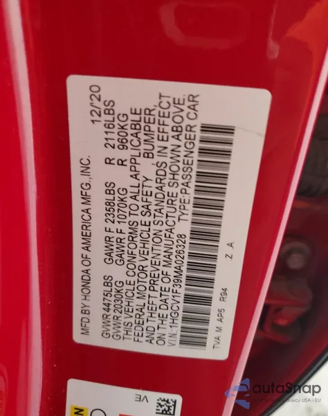 2021 Honda Accord Sport из США, поврежденный, VIN 1HGCV1F39MA026328